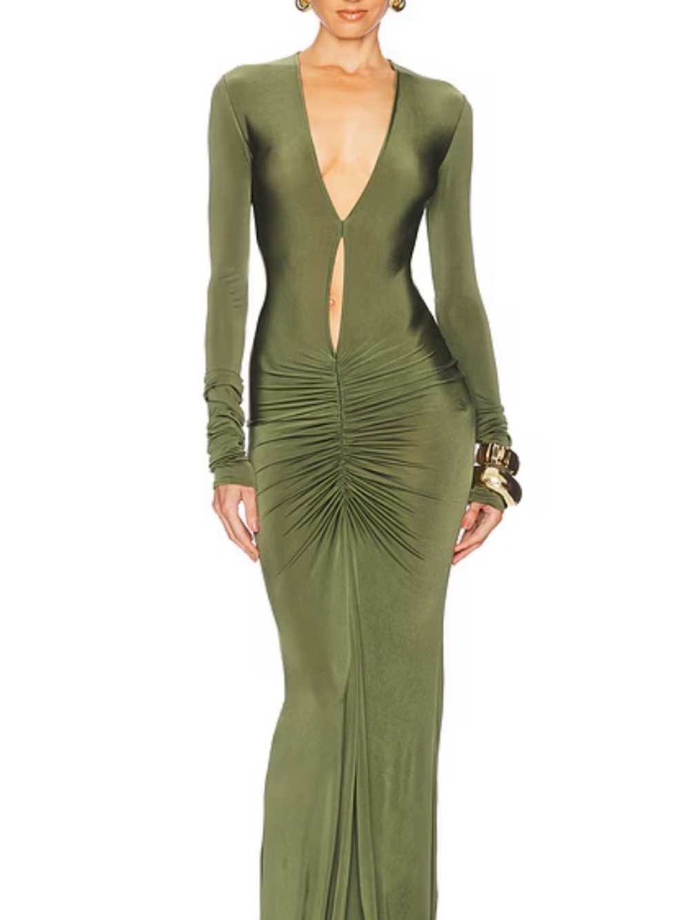 Deep V Olive Green Long Sleeve Ruched Maxi Dress